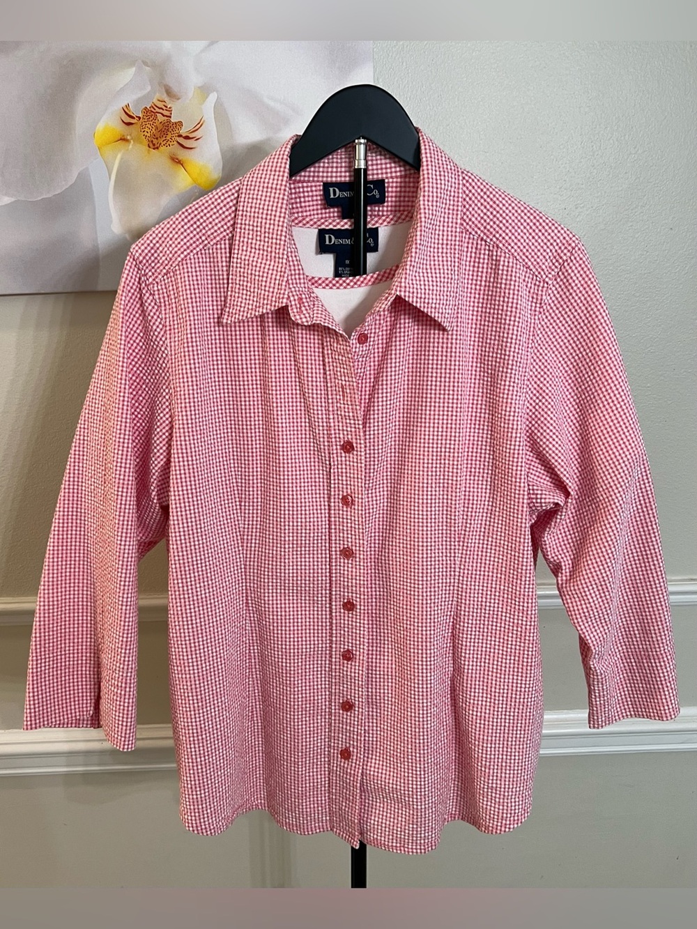 Denim & Co. Button-Down Red and White Gingham Pattern 3/4 Sleeves! Size 1X. - Picture 5 of 11